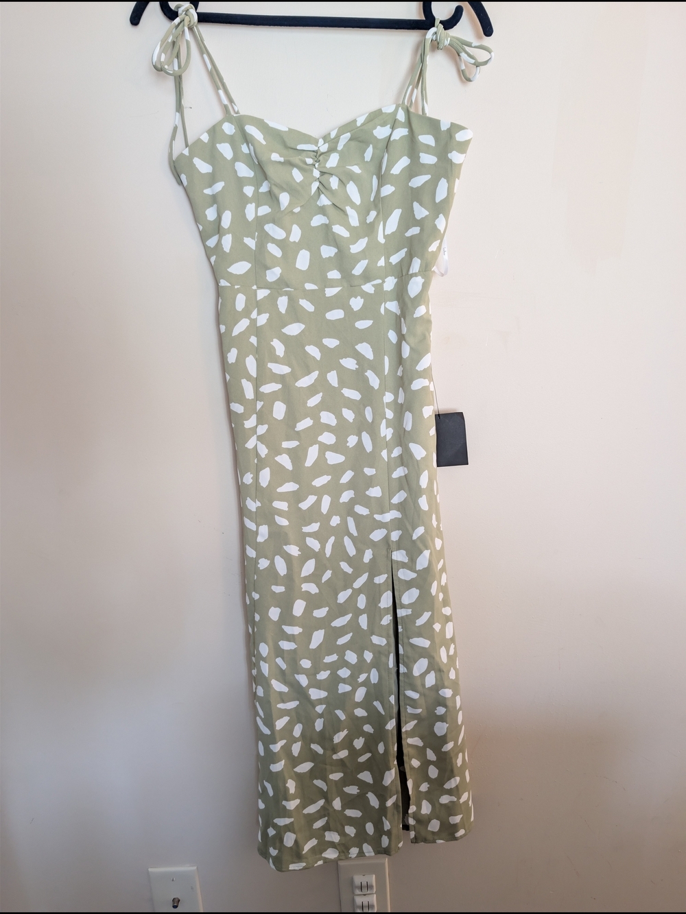 Women’s Tie-Shoulder Midi Dress in Sage with White Print